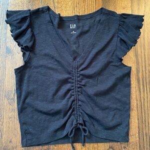 GAP- Flutter Sleeve Top Black Ruched Front adjustable drawstring women size M